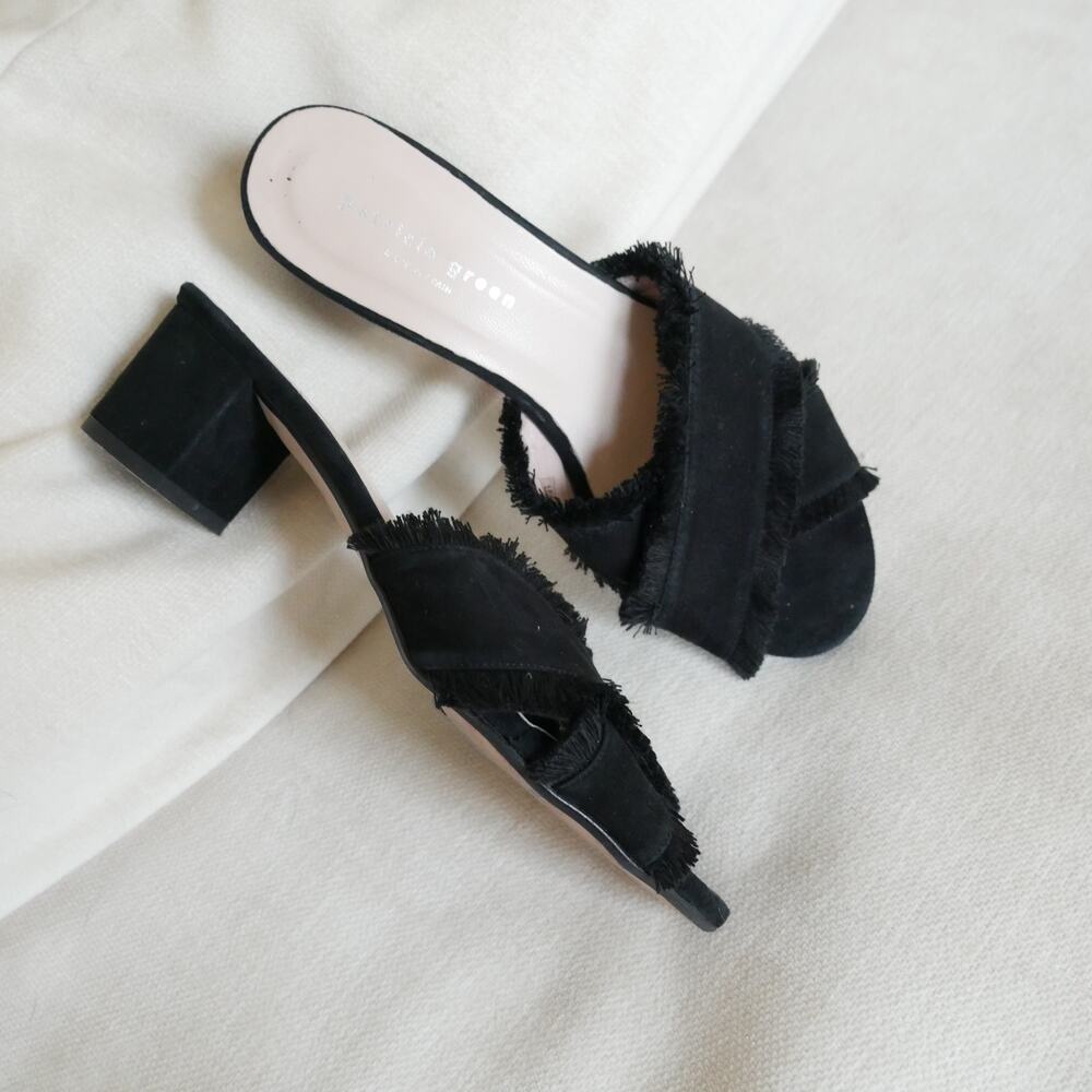 Patricia Green Kate Fringe Mule Sandal heel made in Spain black suede womens 6 - Picture 11 of 11